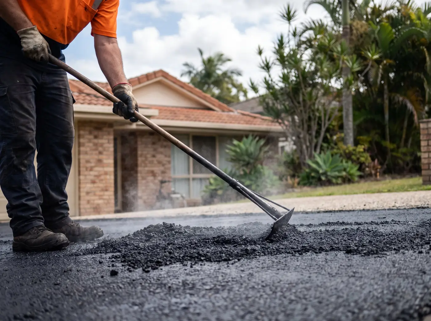 A crew member raking and levelling hot bitumen on a new driveway